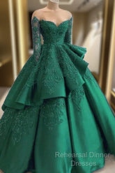 Emerald Green Semi Formal Prom Dresses Long Sleeves Green Ball Gown Semi Formal Prom Dress